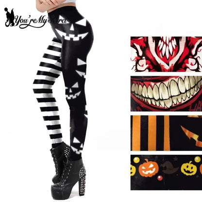 [You're My Secret] Halloween Punk Skull Skeleton Pumpkin 3D Print High Waist Pants 12% Spandex Elastic Sexy Skinny Women Leggins