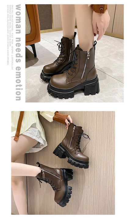 Women High Platform Ankle Boots 2023 Winter Thick Sole Motorcycle Boots 9.5CM Heels Chunky Metal Short Leather Sneakers Woman