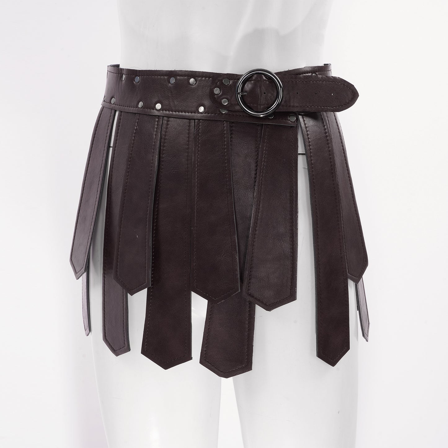 Mens Roman Patent Leather Skirts Medieval Warrior Adjustable Rivets Tassel Waist Belt with Buckle Gladiator Kilt Cosplay Bottoms