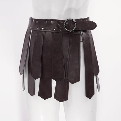 Mens Roman Patent Leather Skirts Medieval Warrior Adjustable Rivets Tassel Waist Belt with Buckle Gladiator Kilt Cosplay Bottoms