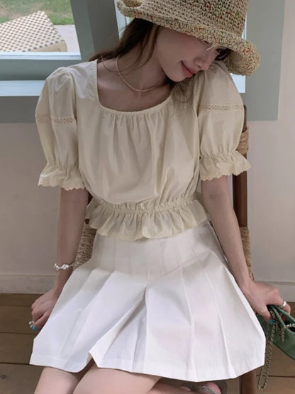 Lantern Sleeve White Ruffles Slash Neck Short Sweet Lolita Shirt Women Victorian Gothic Ladies Top Steampunk Vintage Clothes