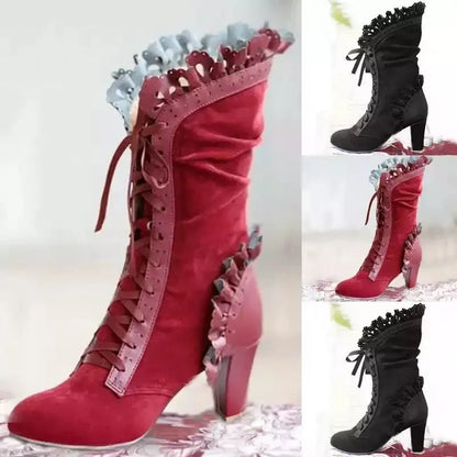 Winter Lace Up Ladies High Heel Shoes Motocycle Boot Victorian Boots Women Fashion Pointed Toe Thick Soled Short Boot 2024