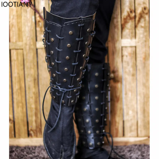 Halloween Viking Pirate Cosplay Greaves Boots Medieval Steampunk Warrior Legging Shoes Rivets Pu Kneepads Adjustable Shoe Covers