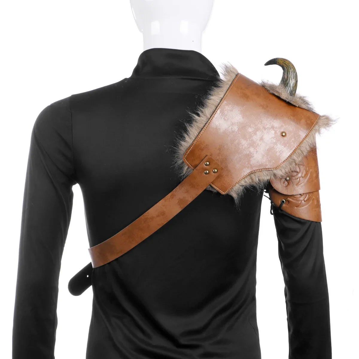 Medieval Warrior Men Armour Costume Cosplay LARP Adult PU Leather Brown Fur Viking Shoulder Armor with Horn Costumes