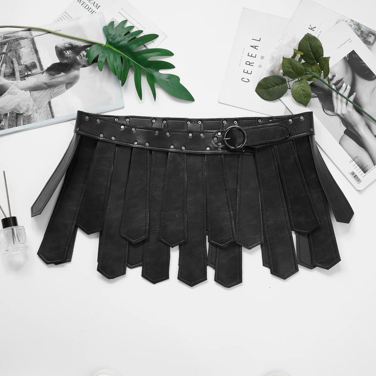 Mens Roman Patent Leather Skirts Medieval Warrior Adjustable Rivets Tassel Waist Belt with Buckle Gladiator Kilt Cosplay Bottoms