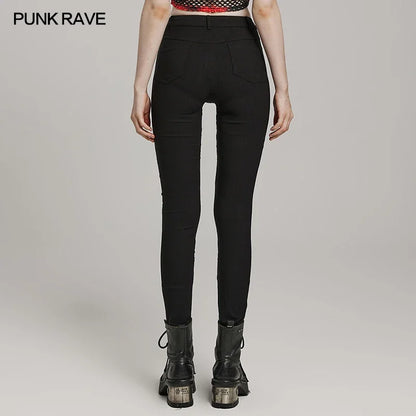 PUNK RAVE Women's Punk Irregular Corns Burnt Pattern Hollow  Trousers Personalized Slim Sexy Black Pants Women Clothing