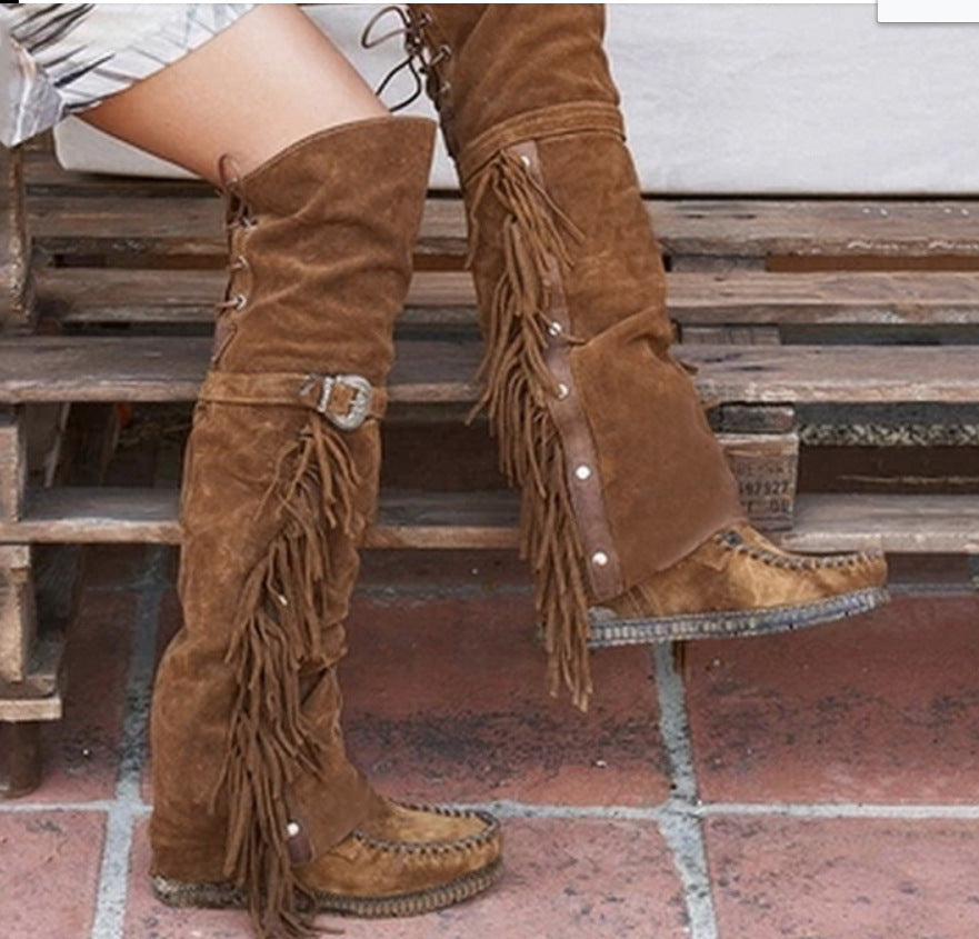 Fashion Bohemia Knee-length Women Boots Ethnic Personality High Boot Tassels Faux Suede Boots Girl Flat Bottom Long Botas Mujer