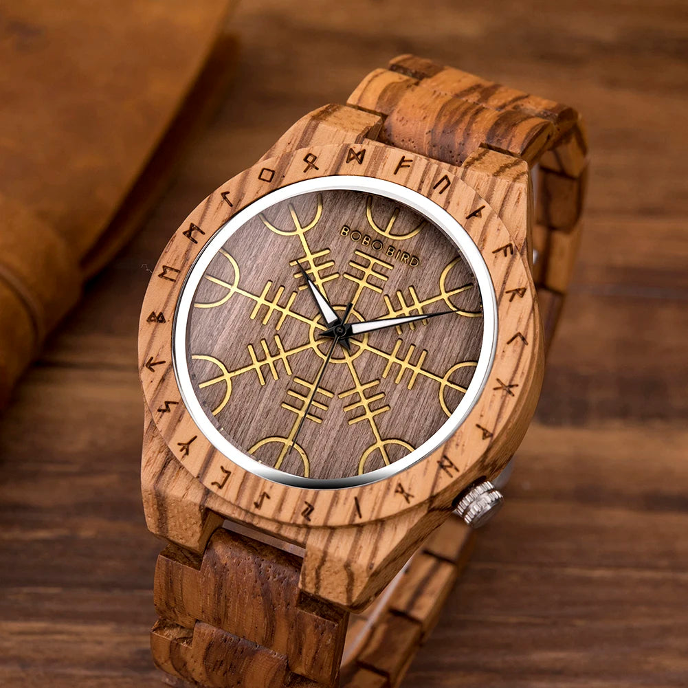 BOBO BIRD Viking Wooden Men Watch with Helm of Awe Unique Runic Circle Vegvisir Valknut Custom Wristwatch Norse Symbol Watches