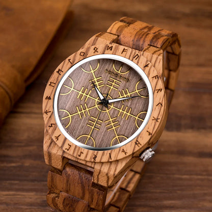 BOBO BIRD Viking Wooden Men Watch with Helm of Awe Unique Runic Circle Vegvisir Valknut Custom Wristwatch Norse Symbol Watches