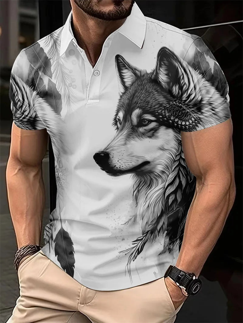 Plus Size Summer Golf Men's Casual Lapel Polo Shirt 3d Wolf Print T-shirt Fashion Clothing Breathable Short Sleeve Top