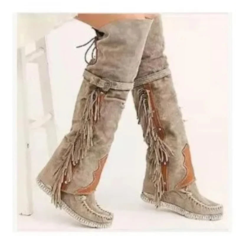 Fashion Bohemia Knee-length Women Boots Ethnic Personality High Boot Tassels Faux Suede Boots Girl Flat Bottom Long Botas Mujer