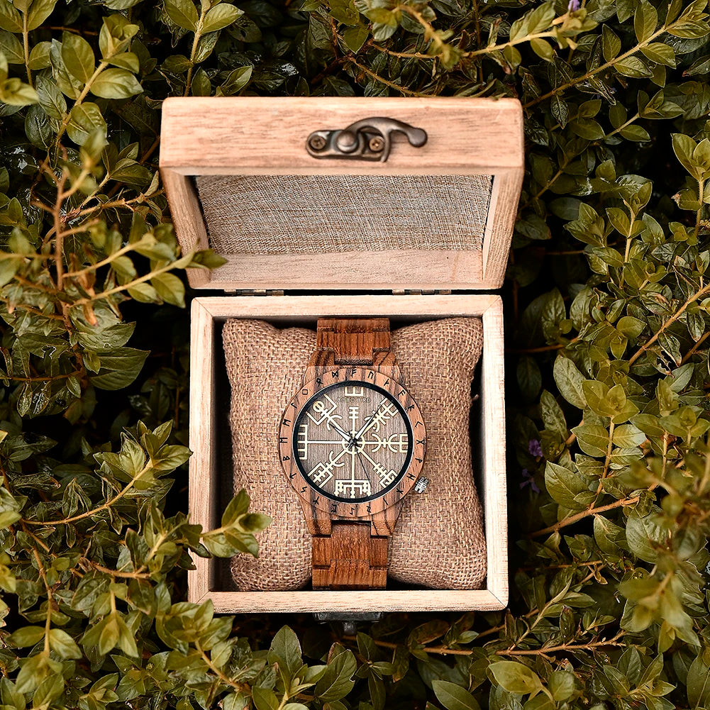 BOBO BIRD Viking Wooden Men Watch with Helm of Awe Unique Runic Circle Vegvisir Valknut Custom Wristwatch Norse Symbol Watches