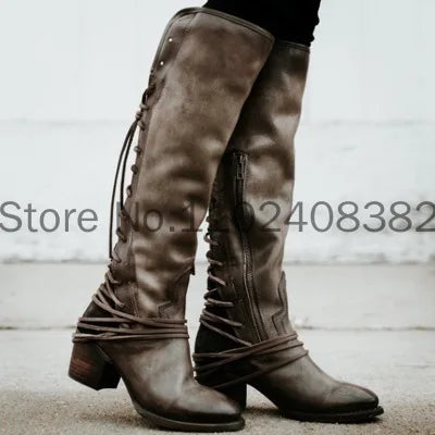 Fashion Medieval Leather Boots Carnival Women British Gothic Style Lace Up Long Tube Boot Knight Retro Cosplay Brown Shoes