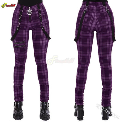 Women Cosplay Plaid Pants High Waist Gothic Punk Pant Medieval Streetwear Costumes Woman Zipper Y2k Long Bottoms Pants Trousers