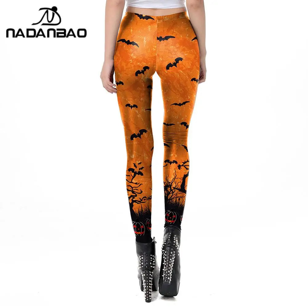 Nadanbao Women leggings Halloween Ghost Green Leaf Skull print Leggings Sexy Tights Trousers Female Mid Waist Elastic Pants