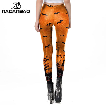 Nadanbao Women leggings Halloween Ghost Green Leaf Skull print Leggings Sexy Tights Trousers Female Mid Waist Elastic Pants