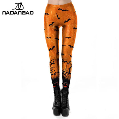 Nadanbao Women leggings Halloween Ghost Green Leaf Skull print Leggings Sexy Tights Trousers Female Mid Waist Elastic Pants