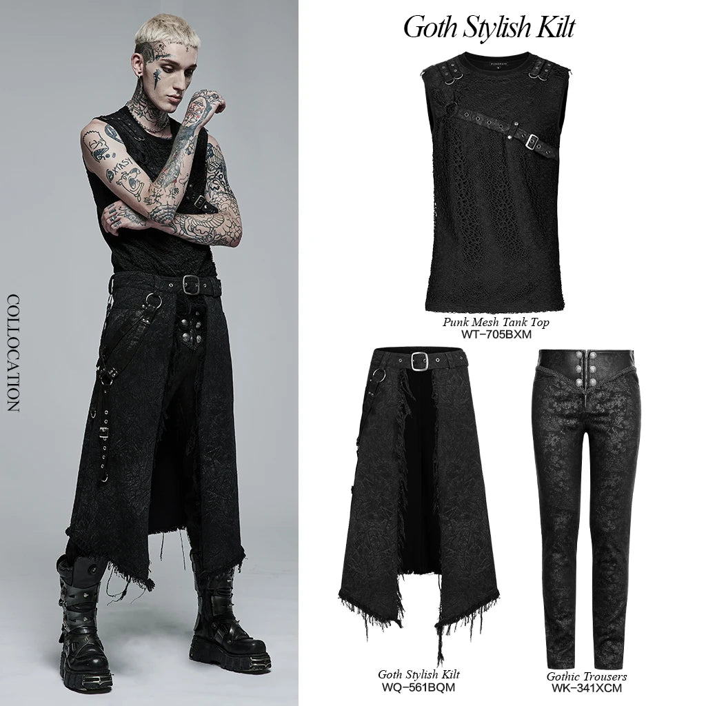 PUNK RAVE Men's Gothic Dark Textured Printed Stylish Kilt Decorated Which Is Detachable Leather Loop Party Club Men Skirts Pants