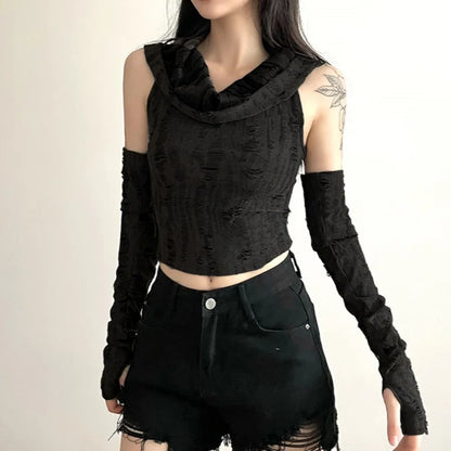 Xingqing Wasteland Crop Tops y2k Women Clothes Solid Color Sleeveless Ripped T Shirts with Arm Sleeves Goth Clothing Streetwear