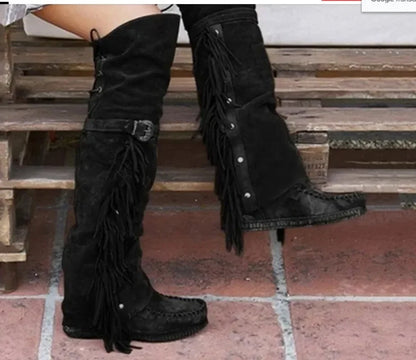 Fashion Bohemia Knee-length Women Boots Ethnic Personality High Boot Tassels Faux Suede Boots Girl Flat Bottom Long Botas Mujer