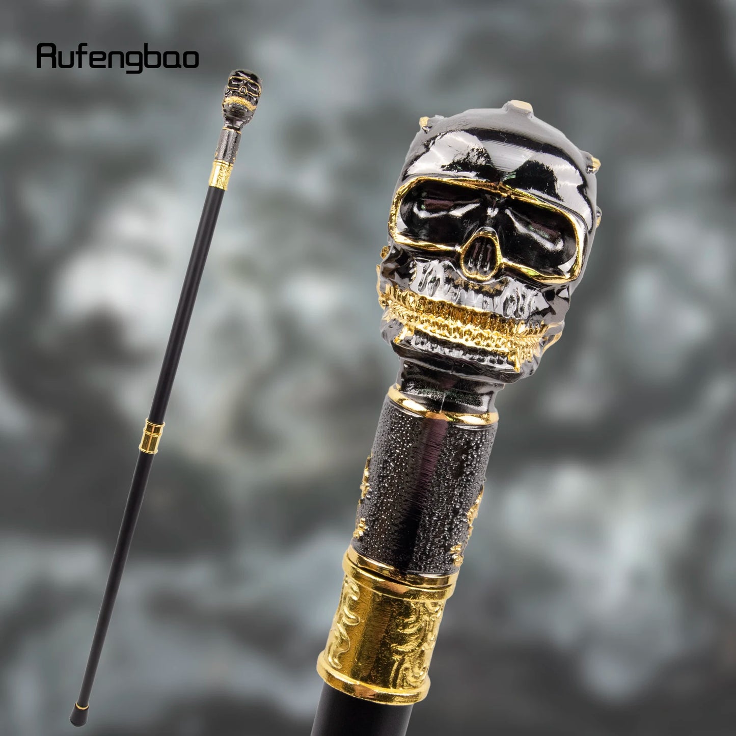 Golden Black Skull Head Big Tooth Steampunk Walking Stick with Hidden Plate Fashion Cane Plate Cosplay Crosier Stick 93cm