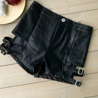 Sexy Black PU Fashion Summer Shorts Metal Buckle Hollow Out Faux Leather Goth High Waisted Women Shorts Y2k Hot Woman Short Pant