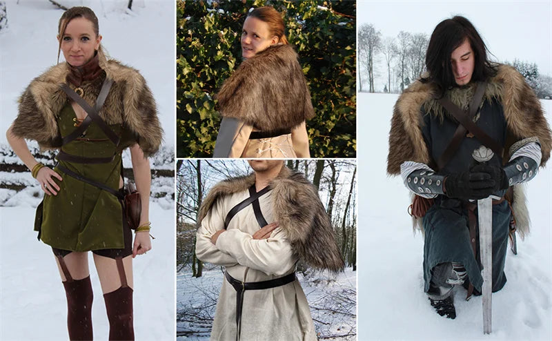 DAZCOS Medieval Faux Fur Wrap Collar Shawl Winter Shrug Cosplay Costume with Belt Viking Faux Fur Cape Shawl with Leather Straps