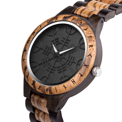 BOBO BIRD Viking Wooden Men Watch with Helm of Awe Unique Runic Circle Vegvisir Valknut Custom Wristwatch Norse Symbol Watches