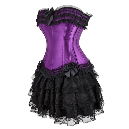 Gothic Corset Tutu Skirt Set Sexy Satin Lace Trim Overbust Corselet Top Women Burlesque Lingerie Bustier Victorian Party Costume