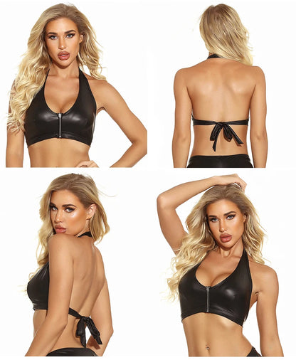 Leather Tops Sexys Women Crop Top Femme Black Wetlook Corset Ladies Fashion Festival Clothing Sleeveless Slim Zipper Clubwear