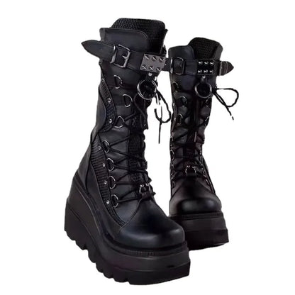 Brand New Ladies Goth Platform Boots Fashion Rivet Buckle Punk Wedges High Heels women's Boots Party Street Cosplay Woman Shoes