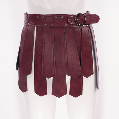 Mens Roman Patent Leather Skirts Medieval Warrior Adjustable Rivets Tassel Waist Belt with Buckle Gladiator Kilt Cosplay Bottoms