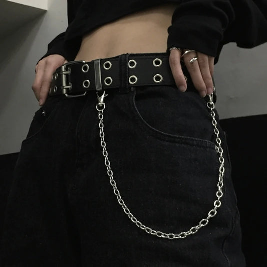 Punk Unisex Jeans Belt PU Leather Waist Buckle For Women Men Kpop Goth Chain Belt Black Free Size Grommet Belts For Pants