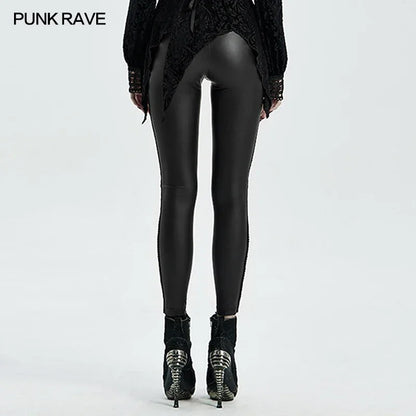 PUNK RAVE Women's Gothic Black Leggings Fashion Personality Tight High Elastic Lace Ribbon Band Small Feet Long Pants Women