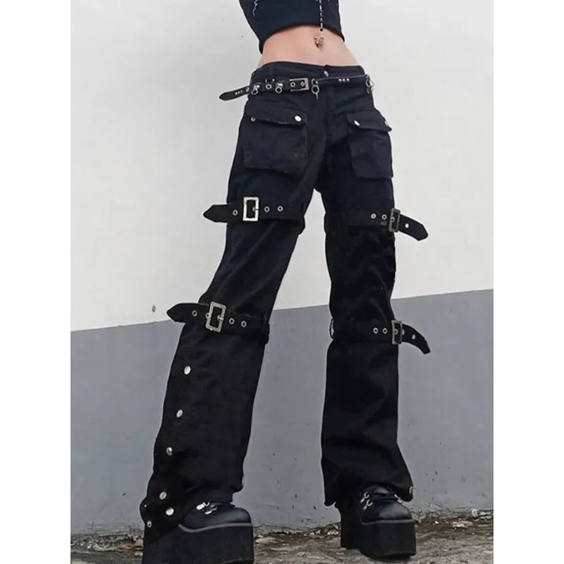 Women's Baggy Jeans with Eyelet Buckle, Denim Cargo Pants, Gothic Hippie Trousers, Dark Academic, Solid E Girl, Cyber Punk Goth,