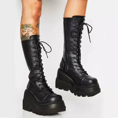 Punk Women Platform Boots Elastic Microfiber Chunky Heel Mid-calf Ladies Boots 2024 Spring Autumn Brand Black Goth Women Shoes