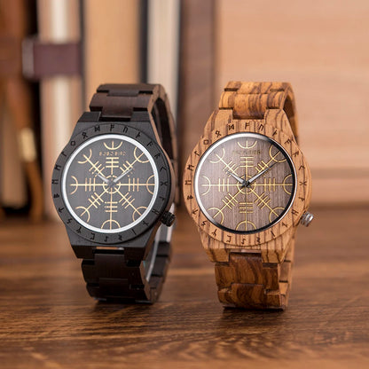 BOBO BIRD Viking Wooden Men Watch with Helm of Awe Unique Runic Circle Vegvisir Valknut Custom Wristwatch Norse Symbol Watches