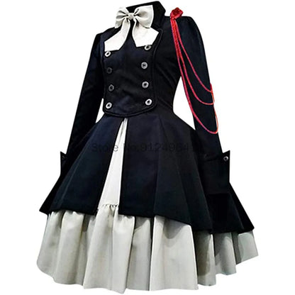 Women's Medieval Steampunk Classic Retro Lolita Dress Gothic Black Lace Up Chain Bow Coat Long Sleeves Ruffle Lady Slim Costume