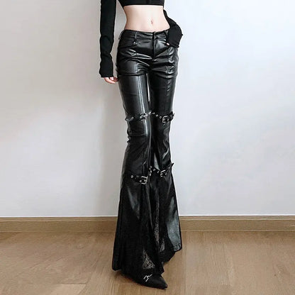 American Spice Girl PU Leather Flare Pant Goth Buckle Lace Patchwork Pants Women Fashion Vintage Aesthetics Slim Leather Pants