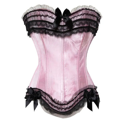 Gothic Corset Tutu Skirt Set Sexy Satin Lace Trim Overbust Corselet Top Women Burlesque Lingerie Bustier Victorian Party Costume