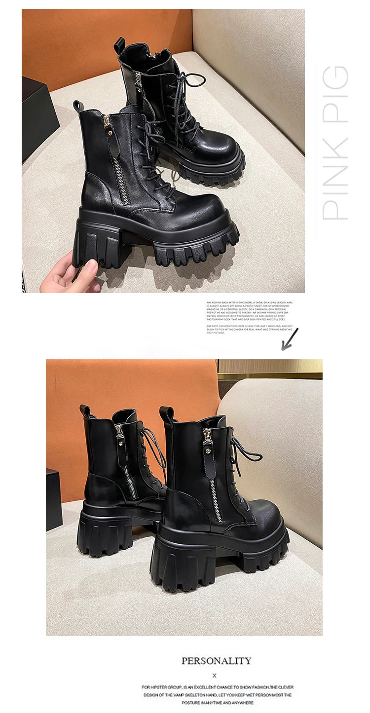 Women High Platform Ankle Boots 2023 Winter Thick Sole Motorcycle Boots 9.5CM Heels Chunky Metal Short Leather Sneakers Woman