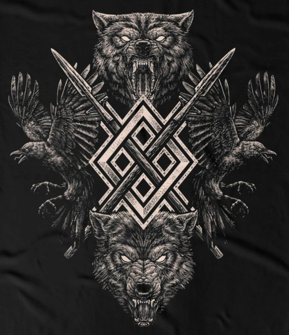 Goth Style Norse Myth Odin Ravens and Wolves T-Shirt 100% Cotton O-Neck Summer Short Sleeve Casual Mens T-shirt Size S-3XL