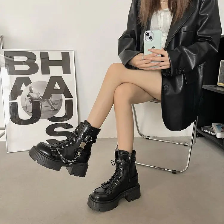 Platform Thick Gothic Boots Lady Buckle Autumn Shoes Women Wedges Ankle Boots Punk Street Cosplay Botas Motorcycle Chain Booties