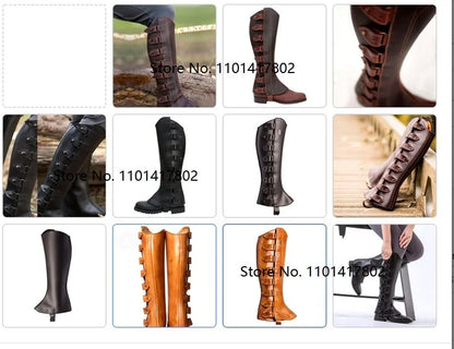 Medieval Viking Armor Leather Half Chaps Lace Up Buckle Shoes Boots Cover Steampunk Vintage Hiking Gaiter Men Women Larp Knight