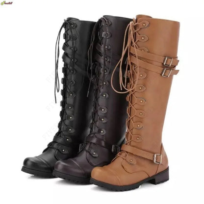 Women Medieval Knee High Boots Autumn Winter Lace Up Flat Shoes Sexy Steampunk PU Retro Buckle Shoes Ladies Snow Boots Cosplay