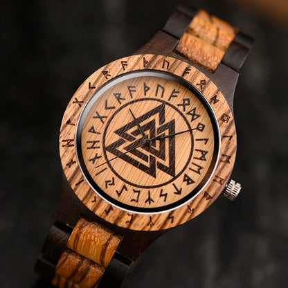 BOBO BIRD Viking Wooden Men Watch with Helm of Awe Unique Runic Circle Vegvisir Valknut Custom Wristwatch Norse Symbol Watches