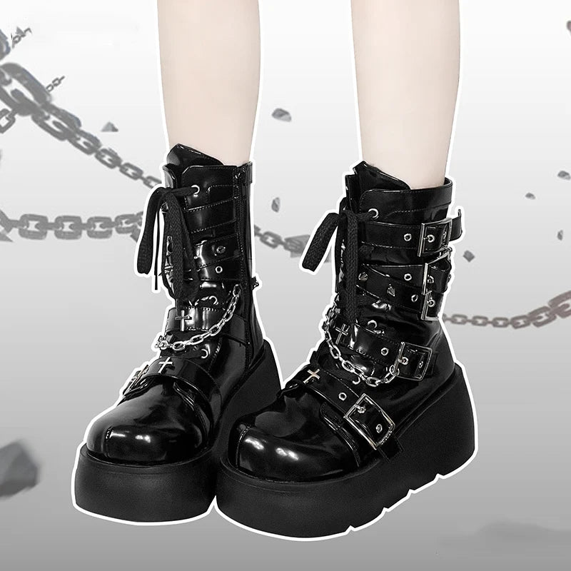 Metal Chain Patent Leather Punk Ankle Boots Women 2023 Winter Designer Chunky Platform Boots Woman Black Gothic Lolita Shoes