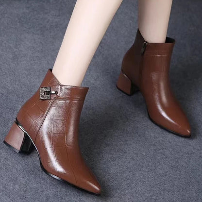 Pointed Toe Snow Ankle Boots for Women Crystal Mid Heels Shoes Retro Leather Chunky Boots Winter 2024 Trend Goth Zapatos Lady