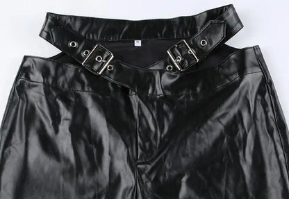 Faux Leather Flared Pants For Women Y2K Streetwear Goth Buckle Belt Leather Trouesrs