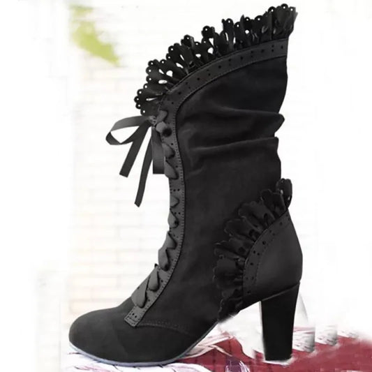 Winter Lace Up Ladies High Heel Shoes Motocycle Boot Victorian Boots Women Fashion Pointed Toe Thick Soled Short Boot 2024